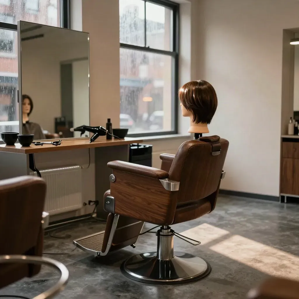 Moody loft salon with chair, tools, mirror station, and mannequin head in rainlit haze.