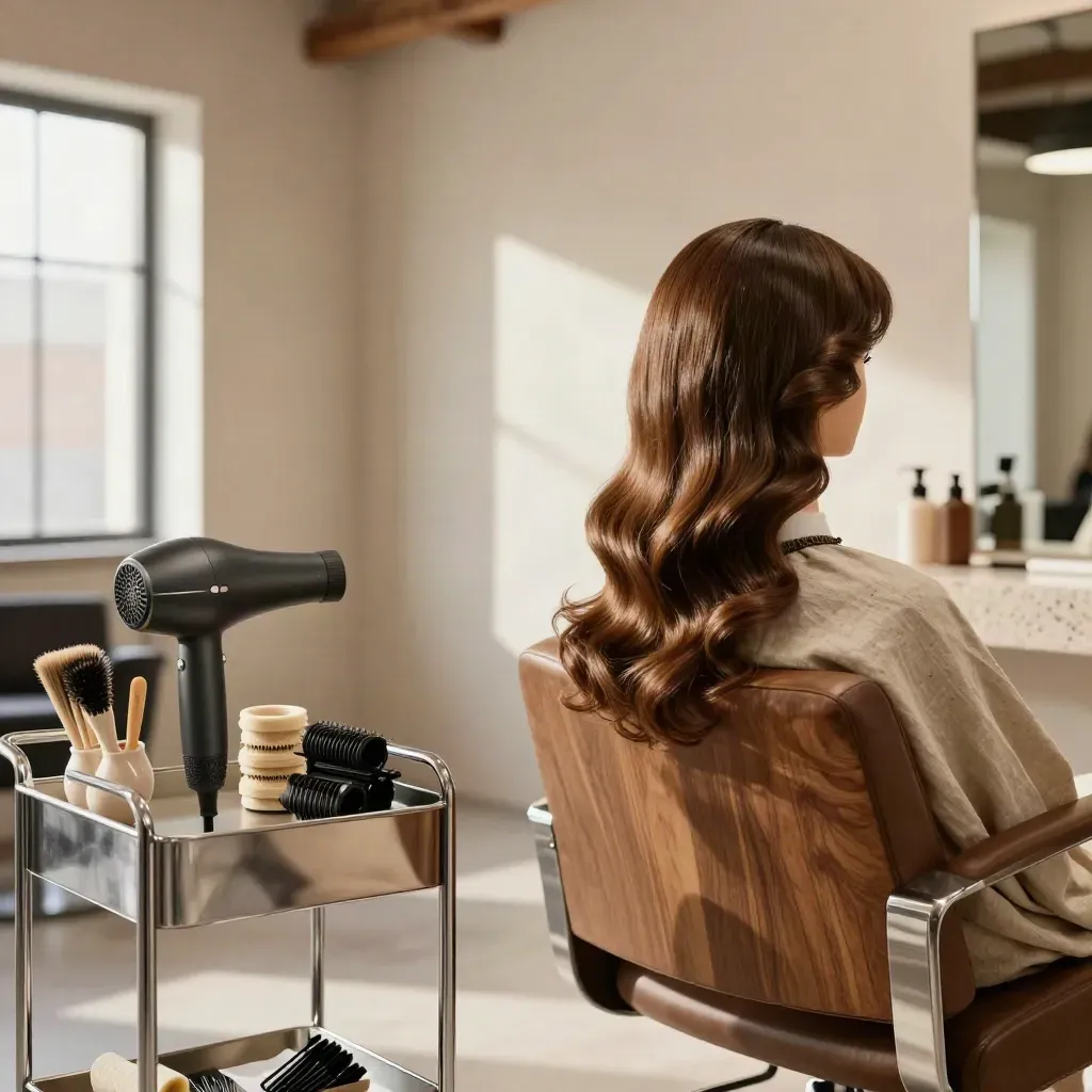 Salon styling station with blow-dryer, brushes, rollers and a glossy finished blowout in loft light.