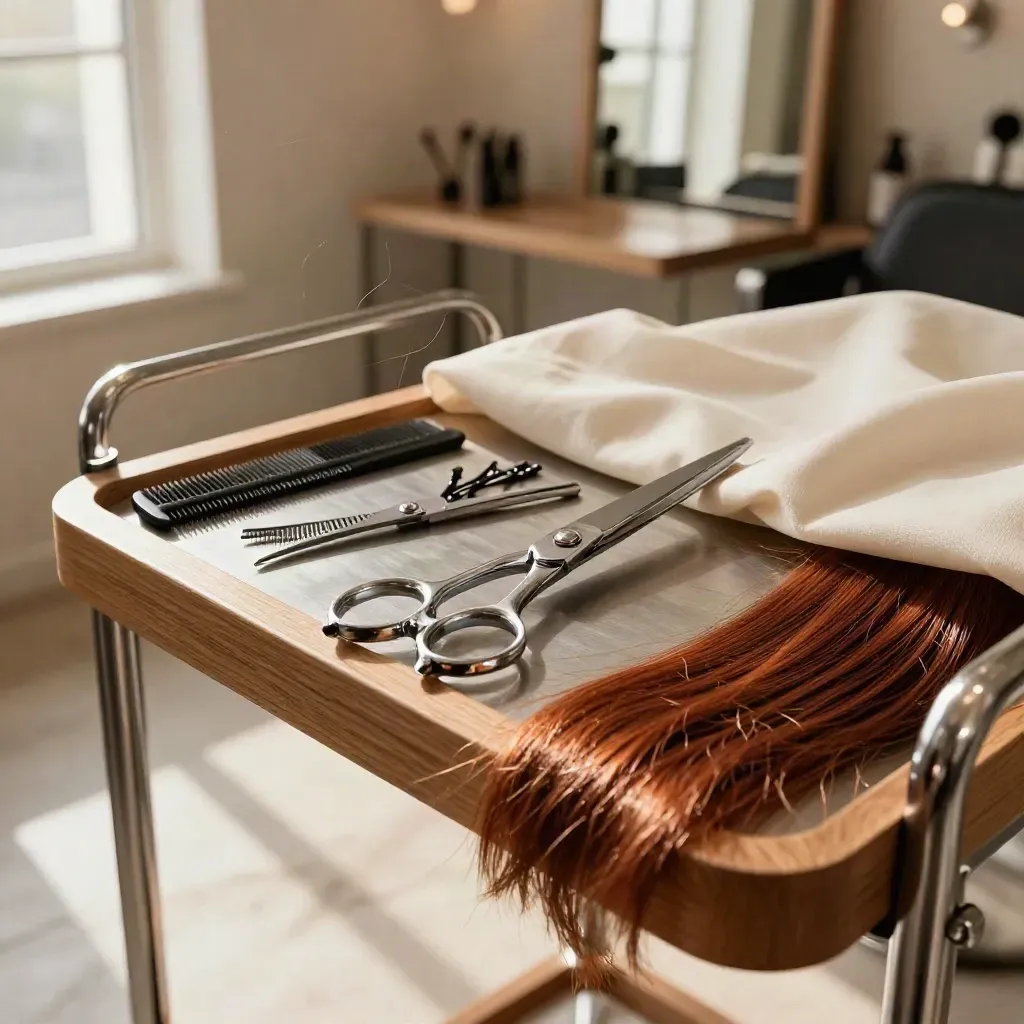 Salon tools and freshly cut brunette hair on a pewter trolley in warm window light.