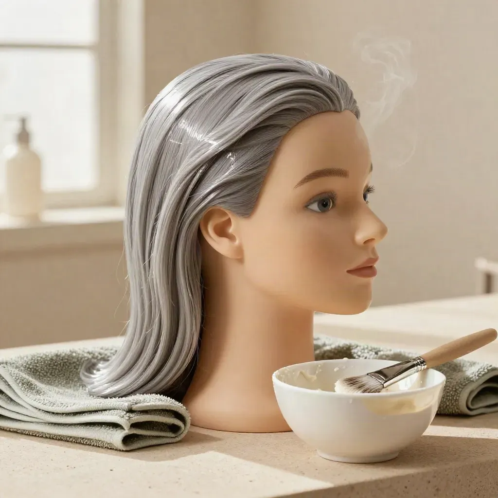 Gray-blend mannequin head with tint bowl, brush, and folded towel on a salon counter.