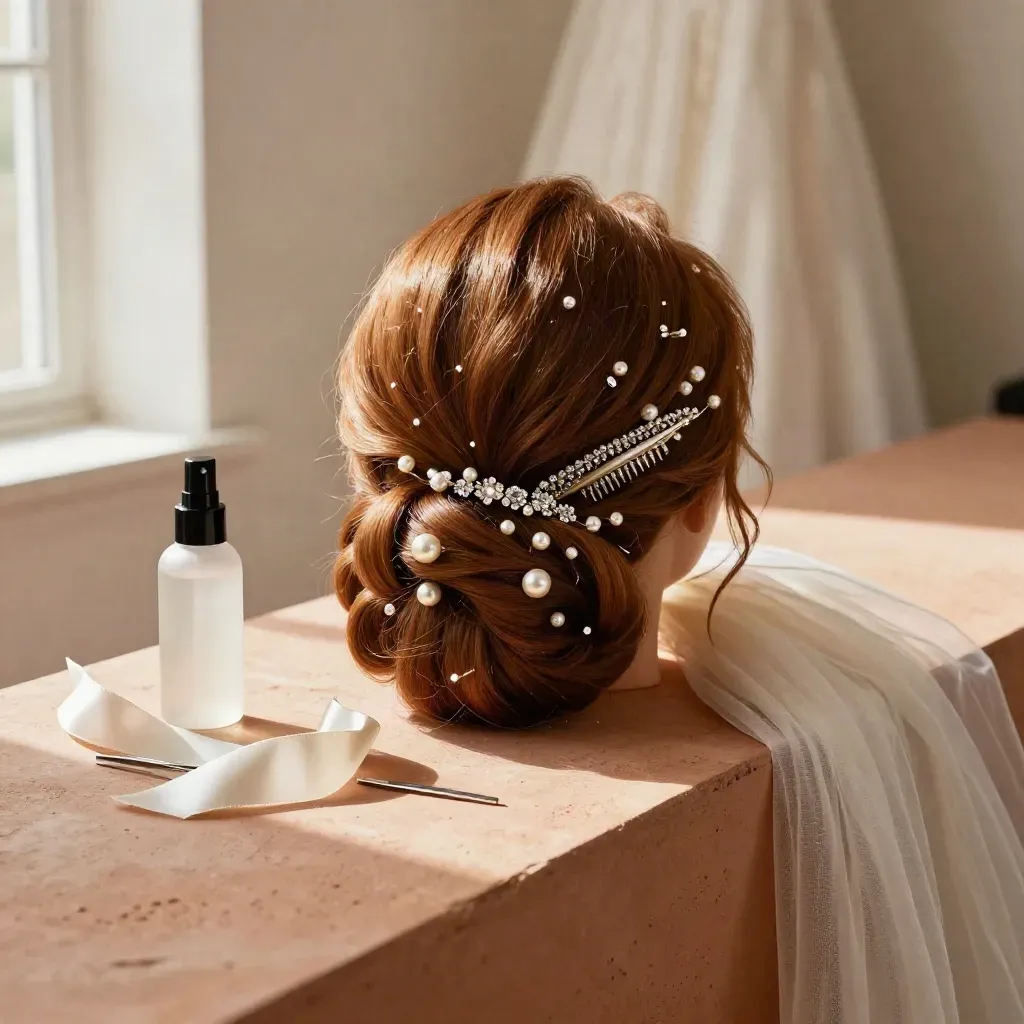 Bridal chignon detail with pearl pins, veil, and crystal comb on a terracotta ledge