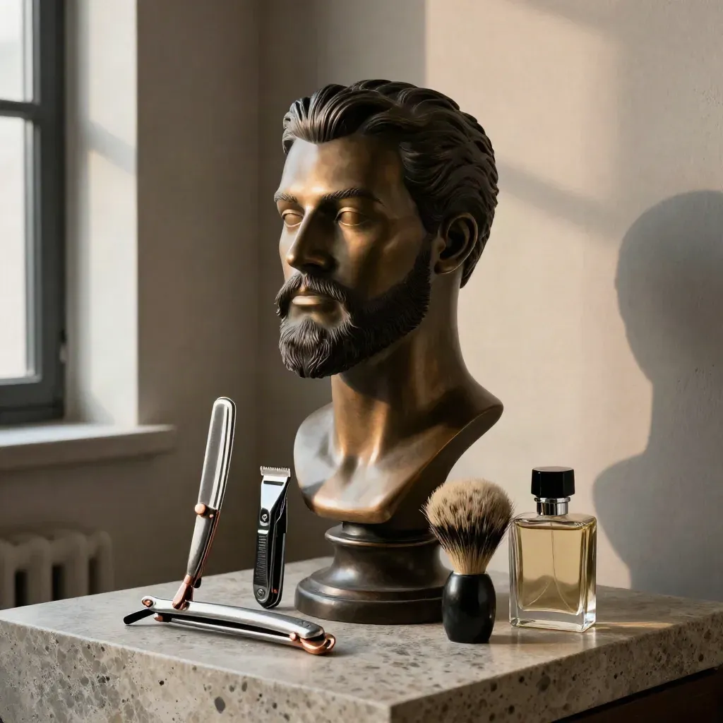 Mannequin bust with beard tools and cologne on stone in moody salon light