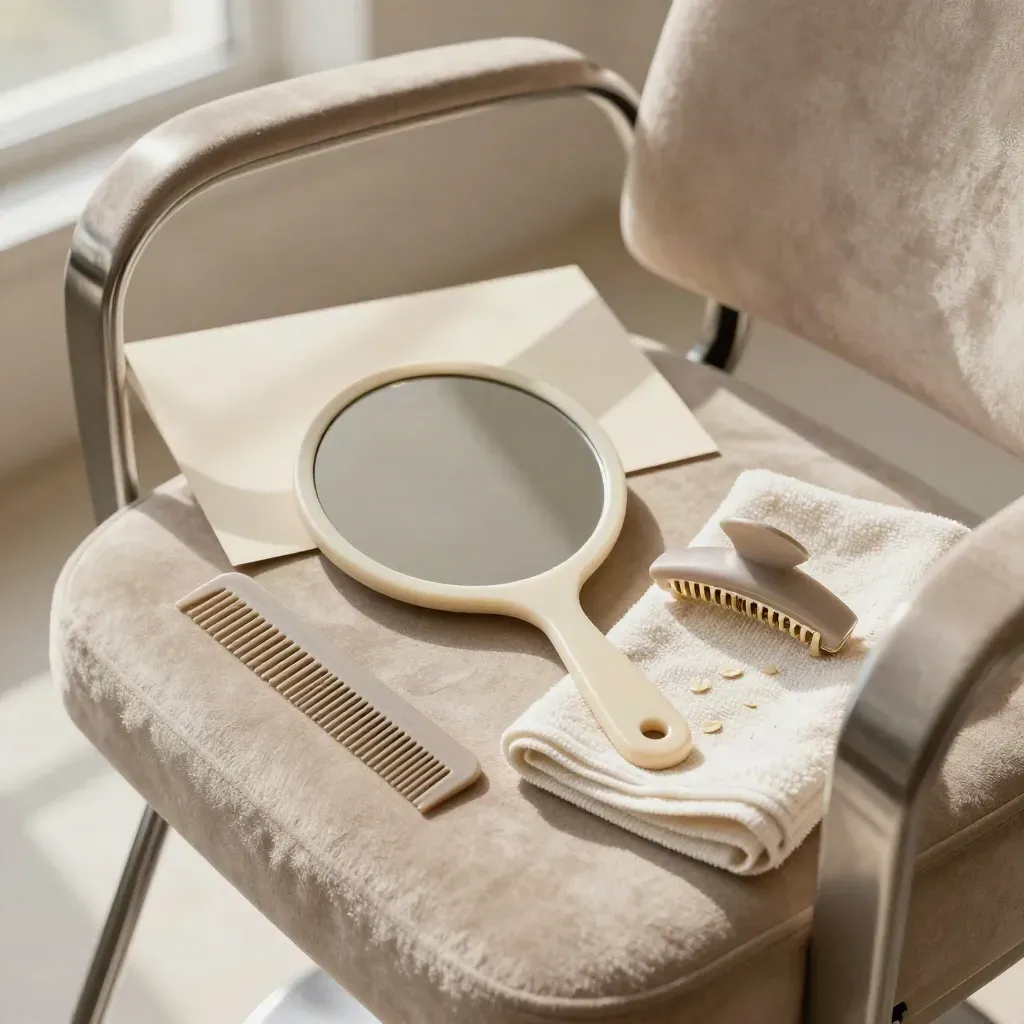 Mirror, comb, cape clip and towel beside a salon chair arm, soft daylight, minimalist consultation still life.