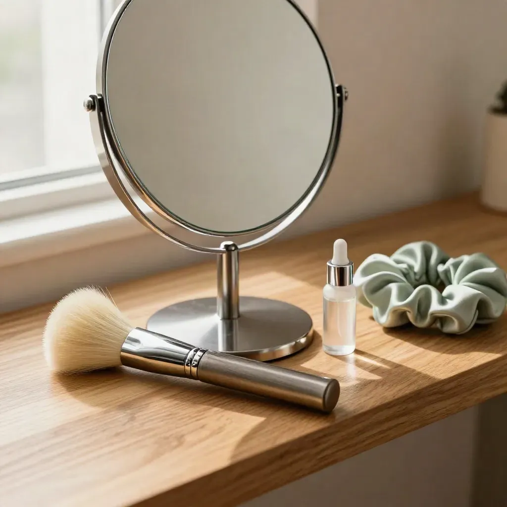 Mirror, brush, serum vial and satin scrunchie on a wood shelf in soft salon light.